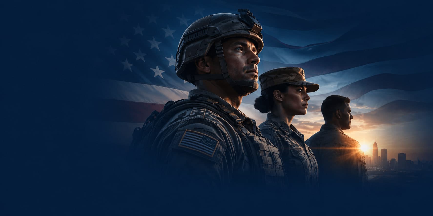 Three service members in uniform look toward the horizon, an American flag behind them and a city skyline at sunrise ahead
